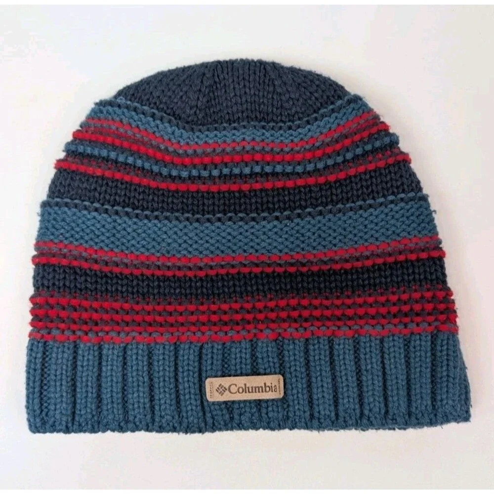Columbia Knit Beanie Hat Blue Red Striped Fleece Lined Unisex Winter Cap